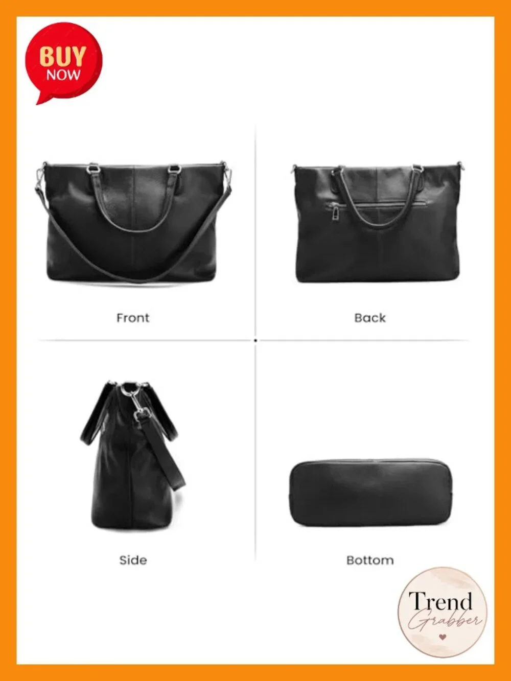 Genuine Leather Tote Bag with Zipper, Shoulder & Crossbody Strap